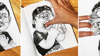 Fun illustrations of a cartoon fighting his creator
